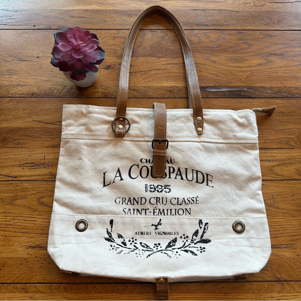 Vintage Crafts La Couspaude 1995 Upcycled Tote Bag Women White Canvas Top Handle